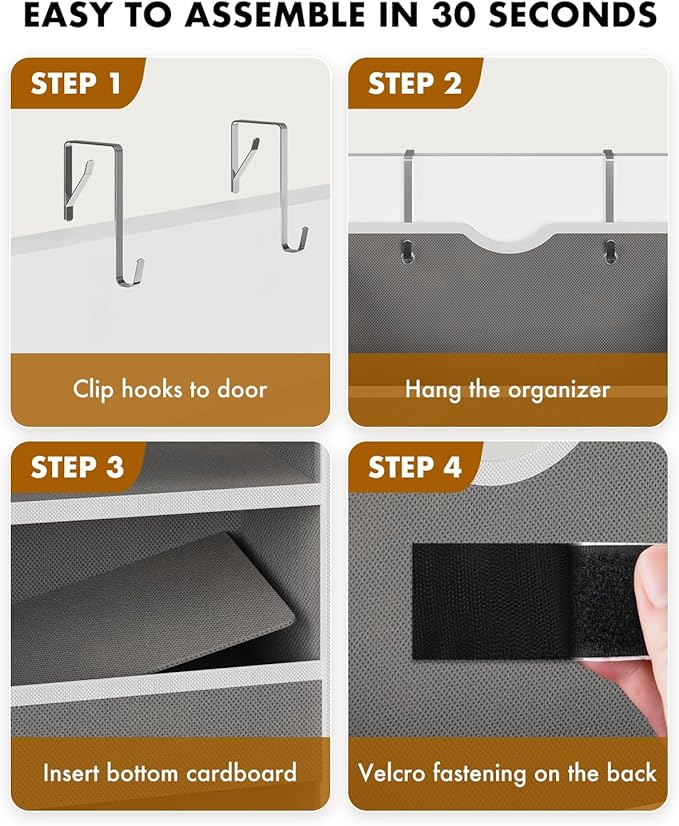 Over The Door Organizer Hanging - 6 Shelf Over Door Organizers with 6 Clear Front & 12 Side Pockets - Swing-proof 50LB Load Behind Door Storage for Closet Bedroom Bathroom Nursery Baby Essentials