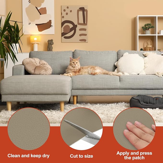 PATIKIL Leather Patches Tape for Furniture, 6.3 x 61 Inch Self Adhesive Vinyl Leather Repair Kit Cover Sheet for Couch, Sofa, Car Seats, Office Chair, Gray Khaki