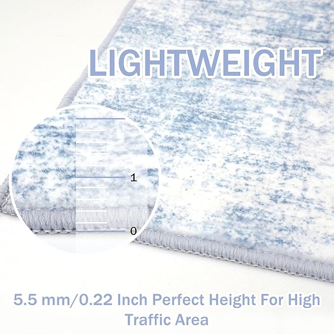 IOHOUZE Abstract Area Rugs 9x12 Ft Washable Large Rugs for Living Room, Non Slip Dining Room Rug, Printed Faux Wool Rugs for Bedroom, Floor Carpet for Office Nursery Playroom, Light Blue White