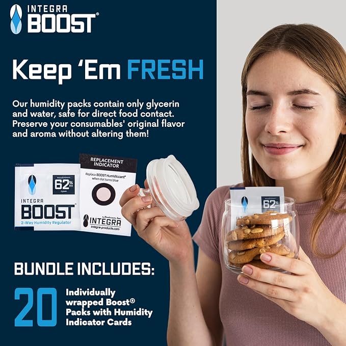 Integra Boost 2-Way Humidity Control Pack – Patented Technology for Humidity Control – Preserve Flavor & Maintain 62% RH – Moisture Absorber for Herbs, Spices & More – 2 Gram (Pack of 20)