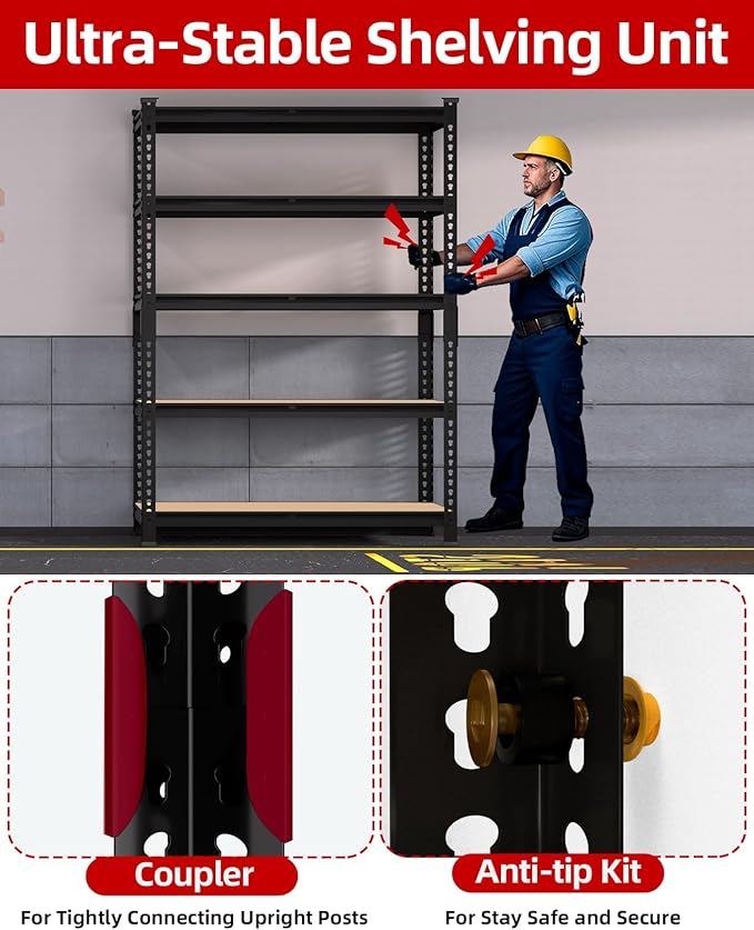PrimeZone 35.5" x 12" x 72" Heavy Duty Storage Shelves - 5 Tier Adjustable Garage Storage Shelving, Metal Storage Utility Rack Shelf Unit for Warehouse Pantry Closet Kitchen, Black
