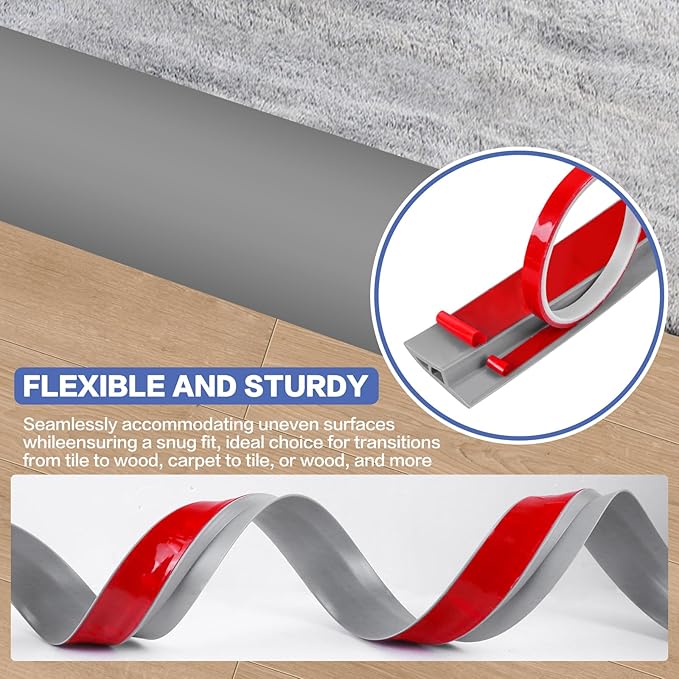 Floor Transition Strip Vinyl Door Threshold Ramp Self Adhesive Carpet Edging Strip Doorway Edge Trim, Overlap Edge Reducer for Laminate Carpet, Floor, Tile (Gray, 1/5" to 2/5", 10Ft)