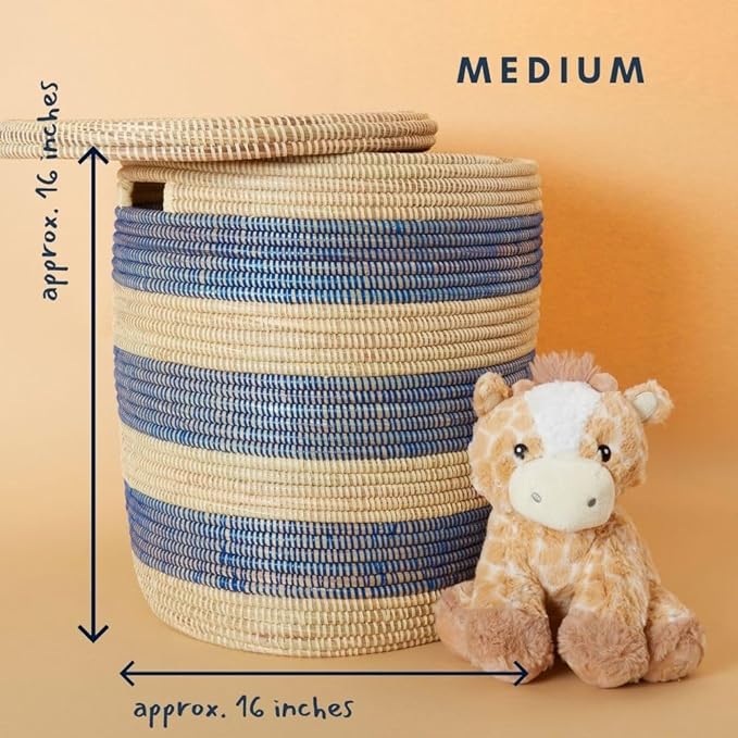 Storage & Organization - Laundry Basket, Bedroom Hamper, Nursery Toys Bin, Living Room Blankets Storage, Decorative, Wicker, Sturdy, Round, Handles, Woven, Blue Beige (Small)