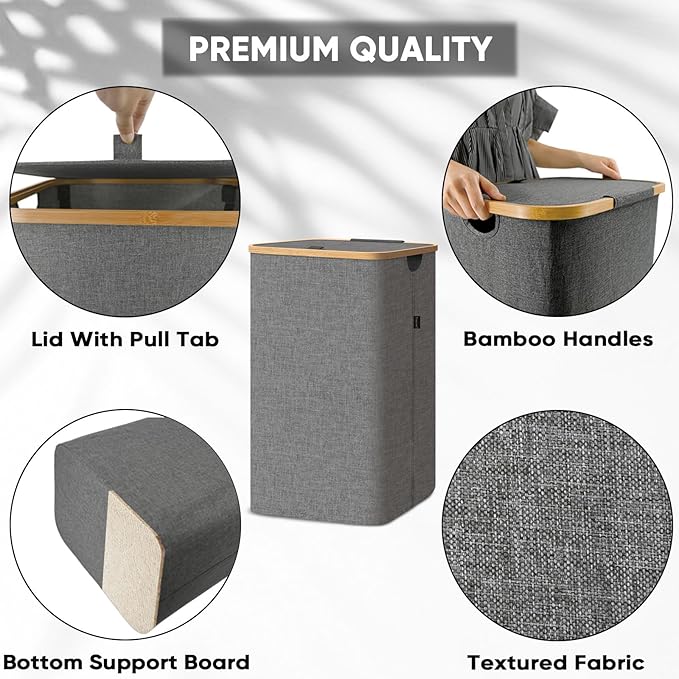BALEINE Laundry Hamper with Lid, Tall Laundry Baskets with Bamboo Pull Handles, Large Laundry Bin with Internal Support (26 Gal/100L, Blue)