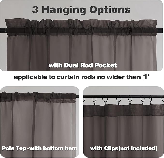 Chyhomenyc Chocolate Brown Sheer Curtains 72 Inch Length 2 Panels, Light Filtering Soft Airy Rod Pocket Voile Window Curtain Drapes for French Door Bedroom Living Room, Each 42Wx72L Inches