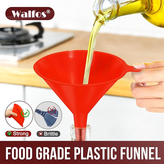 walfos 4pcs Kitchen Plastic Funnel (NO BPA),Automotive Funnel for Liquid Transfer,funnels for Filling Bottles, containers or Kitchen funnels for Laboratory use. red（4.7in&3.7in&2.7in&2in