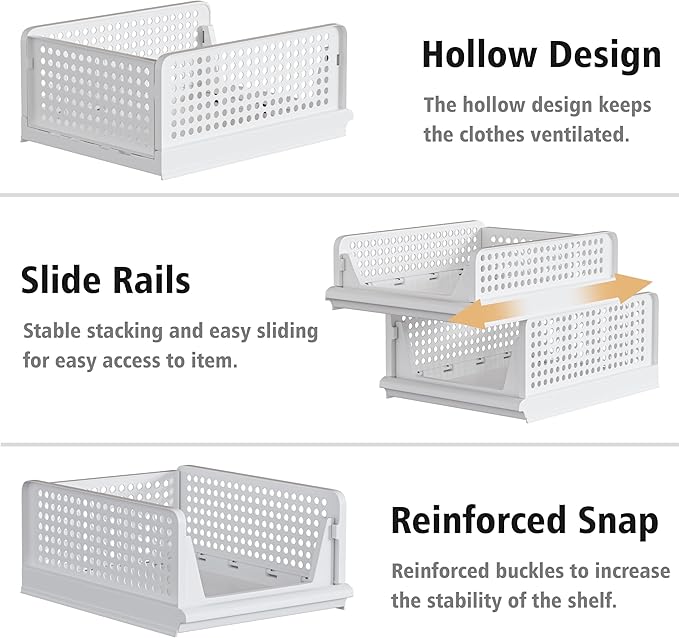 Proarea 4 Pack Stackable Plastic Storage Basket Closet Organizer Bin Foldable Clothes Organizer Storage Drawer Shelf Container for Living Room Bathroom Kitchen Office (2L+2S)