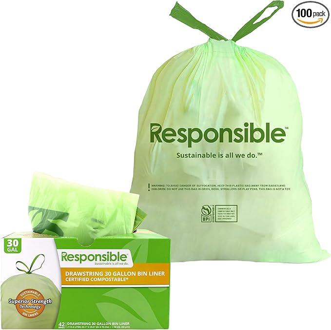 Responsible Products Kitchen Bin Liners, Certified Compostable, Heavy Duty Multipurpose Food Scrap Bags, Made from Compostable Materials (30 Gallon Drawstring, 30 Gallon (42 Count))