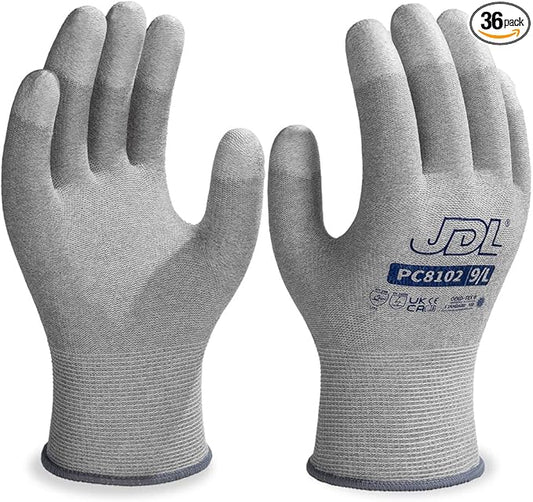 JDL ESD Work Gloves, Anti-Static Gloves for PC Building, 36 pairs, Computer Installation & Repair, High Resistance Carbon Fiber Gloves, Large