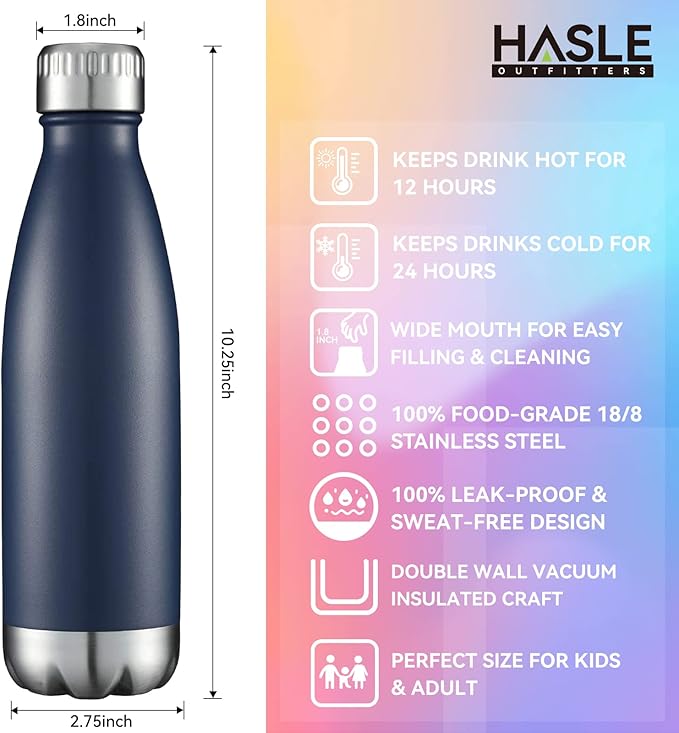 HASLE OUTFITTERS 17oz Stainless Steel Water Bottles, Vacuum Insulated Water Bottles Double Walled Powder Coated Reusable Metal Sports Water Bottles Keep Drinks Hot and Cold, Navy, 1Pack