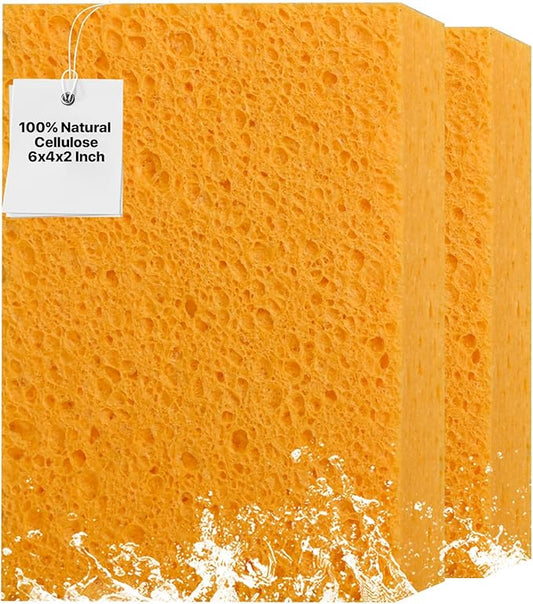 2 PCS Large Natural Cellulose Sponges 6x4x2 Inch - Super Absorbent and Biodegradable, Perfect for Home & Kitchen Cleaning, Boat Bail, Car Washing