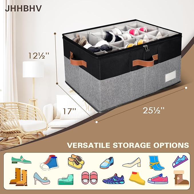 1 Pack Shoe Organizer for Closet, Adjustable Shoe Box Storage Containers, Large Foldable Shoe Bins with Clear Cover, Space Saving Shoes Holder with 4 Handles, Fits 12-24 Pairs, Black