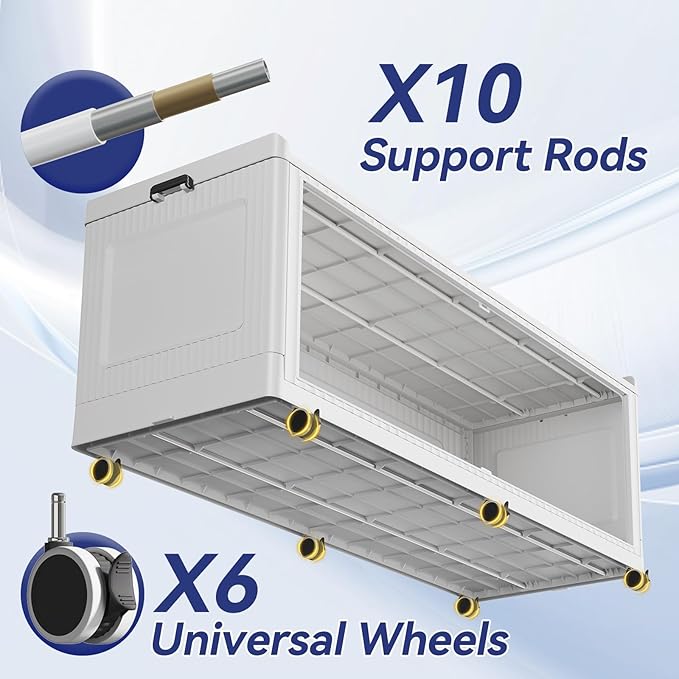 320 Gallon Extra Large Collapsible Storage Bin with Lid, 1280QT Stackable Plastic Organizer with 6x Wheels, Foldable Drawer Cabinet for Closet, Living Room Office Dorm 4Pack, White
