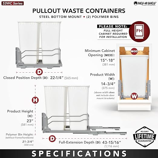 Rev-A-Shelf Double Pullout Trash Cans for Full Height Kitchen Cabinets 50 Quart 12.5 Gallon with Soft-Close Slides, White, 53WC-2150SCDM-211