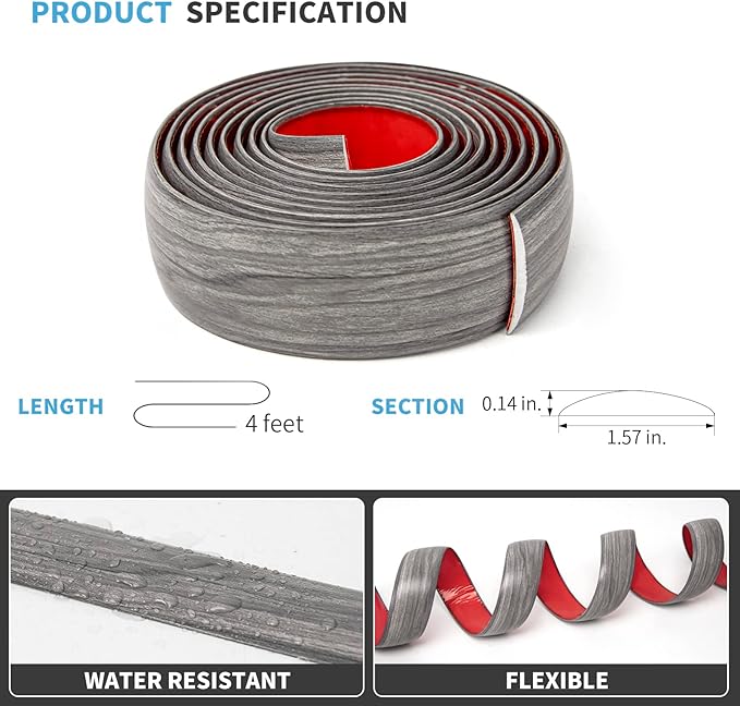 Art3d Self Adhesive Vinyl Floor Transition Strip, Laminate Floor Strip Floor Flat Divider Strip for Joining Floor Gaps,Carpet Threshold, Floor Tiles（4 FT, 1.57in, Gray）