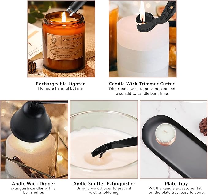 5Pcs Stainless Steel Candle Wick Trimmer Set, Black Candle Wick Trimmer, Candle Wick Dipper, Candle Wick Snuffer and USB Rechargeable Candle Lighter for Candle Lovers(Black)