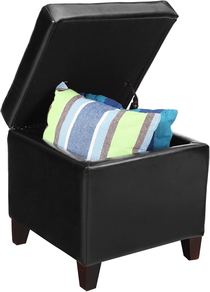 Adeco Storage Ottoman Foot Rest Stool, Leather Ottoman Footstool with Wood Legs and Hinged Lid, 18" Small Foot Stool Bench for Living Room, Bedroom, Black