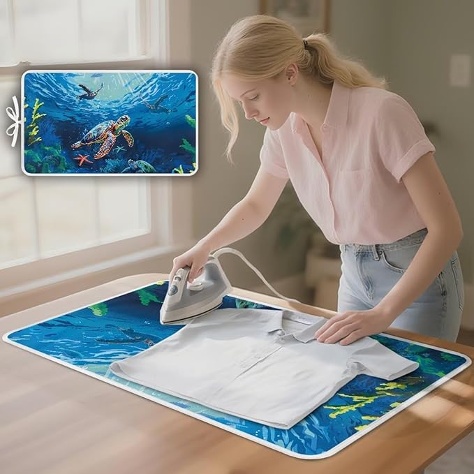 Ironing Mat Portable Iron Pad Magnetic Cover and Padding for Top of Washer, Dryer, Tabletop, Countertop,Travel Small Size Ocean Sea Turtle Ironing Pads 32 x 16 Inch