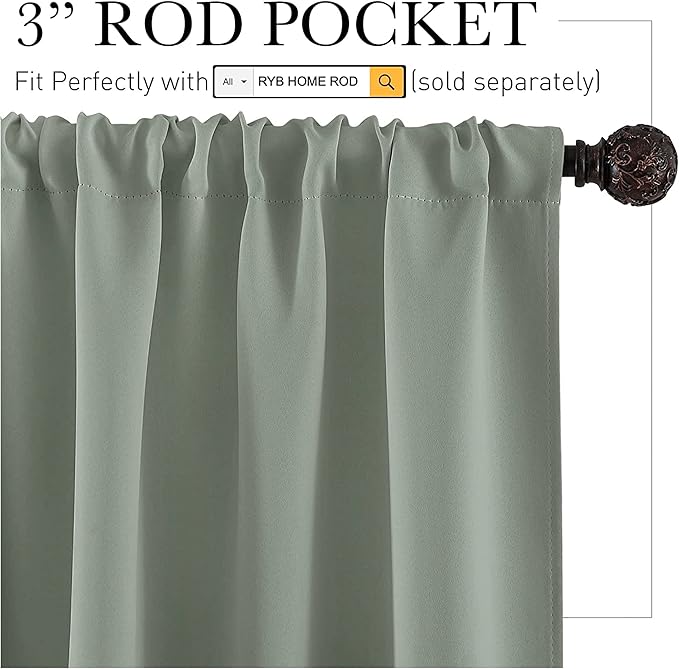 RYB HOME Green Blackout Living Room Curtains - Light Block Energy Efficiency Small Window Treatment Drapes for Kitchen Dining Baby Nursery Farmhouse Decor, W 42 x L 84 inch, Sea Green, 2 Panels