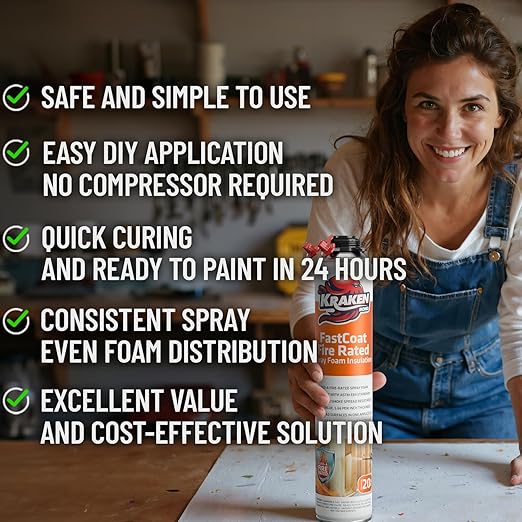 Kraken Bond Fastcoat Fire Rated Spray Foam Insulation Closed Cell in a Can 480 sq ft (24x27.1 oz.) (R-Value 11.32 / 2in) - Spray Foam for Garage Door, Attic, Wall Gun & Cleaner Included, 24 Pack