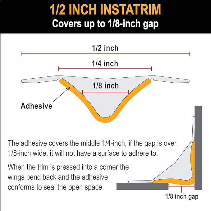 InstaTrim The Original Flexible Trim - 10ft Ivory 1/2" Wide Caulk Tape - Adhesive Trim with Many Uses Including Caulking for Bathtubs, Sinks, Counters, Tile, Floors - Made in USA