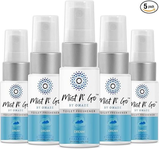 Mist N’ Go by Omaze Travel Bathroom Spray for Toilet Spray Odor Eliminator - Travel Toilet Spray for Bathroom Air Freshener Spray for Bathroom Deodorizer - Dream Travel Size (1oz x5)