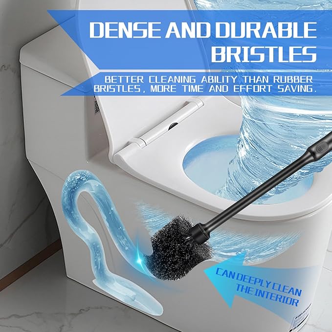Toilet Brush and Holder 2 Pack with Long Handle - Non-Slip Grip Toilet Bowl Brush Set for Deep Cleaning Bathroom, Toilet Scrubber- Black
