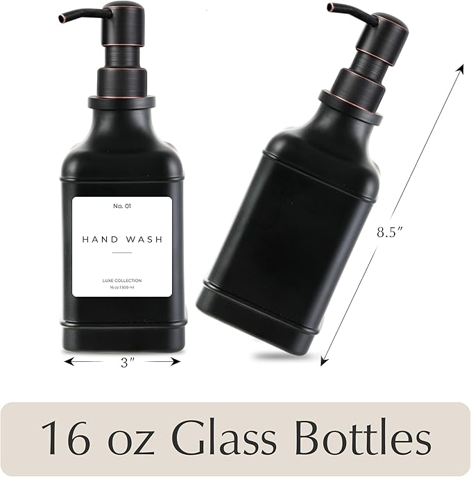 Emerson Essentials Soap Dispenser, Dish Soap Dispenser, Soap Bottle Farmhouse - Hand Soap Dispenser, Kitchen Soap Dispenser Set - Glass Soap Dispenser with Pump and Labels, 16 Oz, 2 Pack