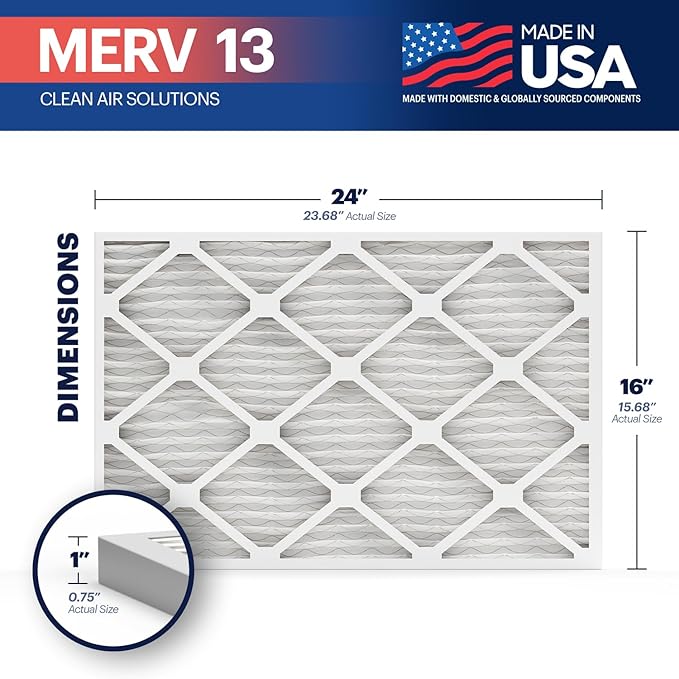 BNX TruFilter 16x24x1 Air Filter MERV 13 (4-Pack) - MADE IN USA - Electrostatic Pleated Air Conditioner HVAC AC Furnace Filters for Allergies, Pollen, Mold, Bacteria, Smoke, Allergen, MPR 1900 FPR 10