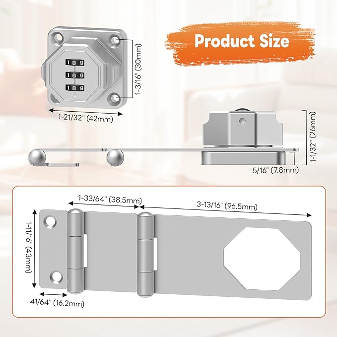 90 Degree 3-Digit Combination Cabinet Lock, Zinc Alloy Keyless Folding Hasp Lock Latch, Password Security Rotary Door Latch for Office File Cabinet, Drawer, Locker, Cupboard (1, Silver)