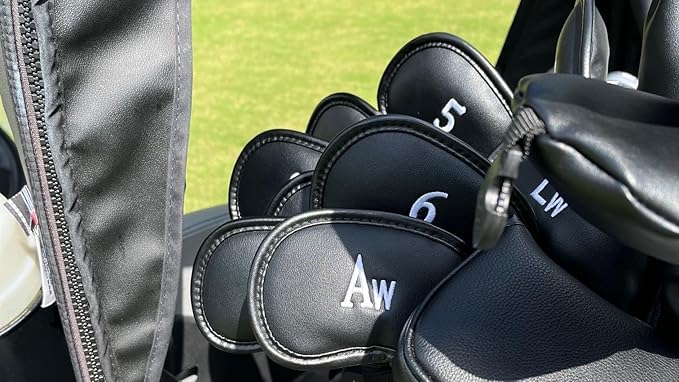 Premium Magnetic Leather Iron and Wedge Golf Club Head Covers | Set of 10 | Fits Most Clubs | Embroidered Club Label on Both Sides of Club Head Cover