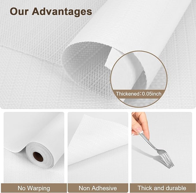 OcePor Non-Adhesive Drawer and Shelf Liner 17.5IN x 20FT，Non Slip Cabinet and Cupboard Liner, Kitchen Cabinet Liners for Shelves, Waterproof Drawer Shelf Liners for Cabinets/Bathroom Cupboard, White