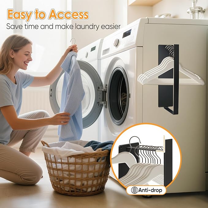 Magnetic Hanger Organizer, Strong Magnetic Hanger Holder for Washing Machine Dryer, Laundry Room Organization Space Saving Hangers Storage Rack Stacker, Black