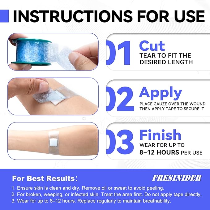 FRESINIDER Silicone Medical Tape – 1" x 5 Yard Blue 1 Roll, Pre-Cut, Waterproof & Repositionable, Pain-Free Removal, Hypoallergenic Adhesive for Sensitive Skin, Wound Care & First Aid Use