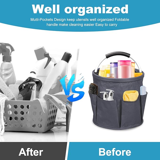 Qivine 17L Cleaning Caddy with Handle, Cleaning Supply Caddy Foldable Tool Bag Cleaning Products Organizers Portable Cleaning Bucket Organiser for Storing Towels (Dark Gray)