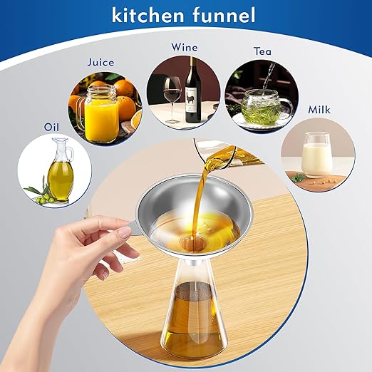 Stainless Steel Funnel with 30 Mesh Filter Food Grade Metal Funnel for Kitchen, Liquids, Oil, Powder, Wide Mouth Bottles, Home Brewing