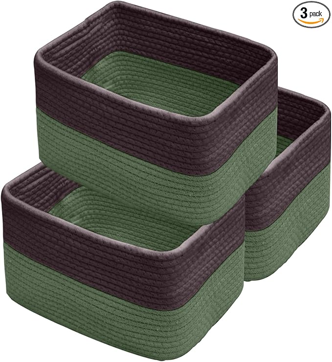 Hopegiver Woven Storage Baskets 11x8x7 Inch, 3 Pack Collapsible Cube Storage Bin for Shelves - Foldable Cotton Rope Organizer Bins for Towels, Toys, Books, Closet, Nursery (Brown Green)