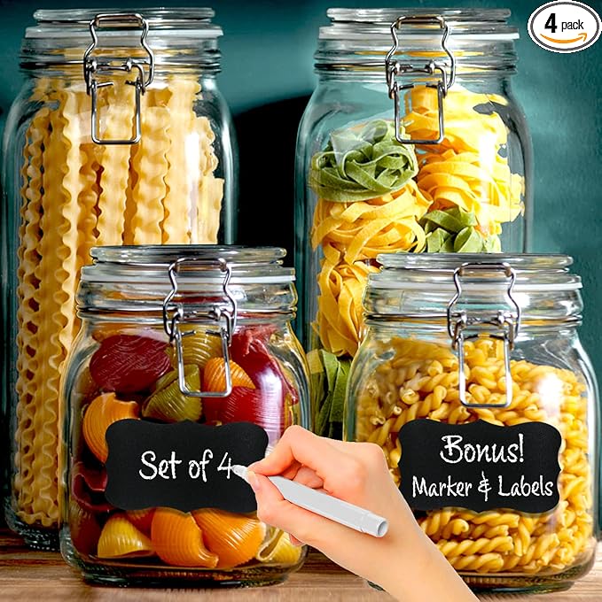 4 Glass Food Storage Jars with Airtight Lids + Chalkboard & Marker, Kitchen Canisters for Flour, Sugar, Coffee, Cereal, Pasta, Canning, Cookie Jar with Clamp Lid, Square Mason Jars 2-78oz, 2-34oz