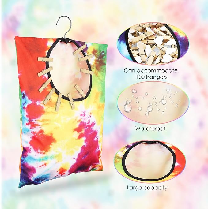 YLOLUL 2 Pcs Tie Dye Clothes Pin Bag with Hanging Hook, 15 x 11 Inch, Multicolor, Canvas & Polyester, Water Resistant, Clothespin Organizer Bag