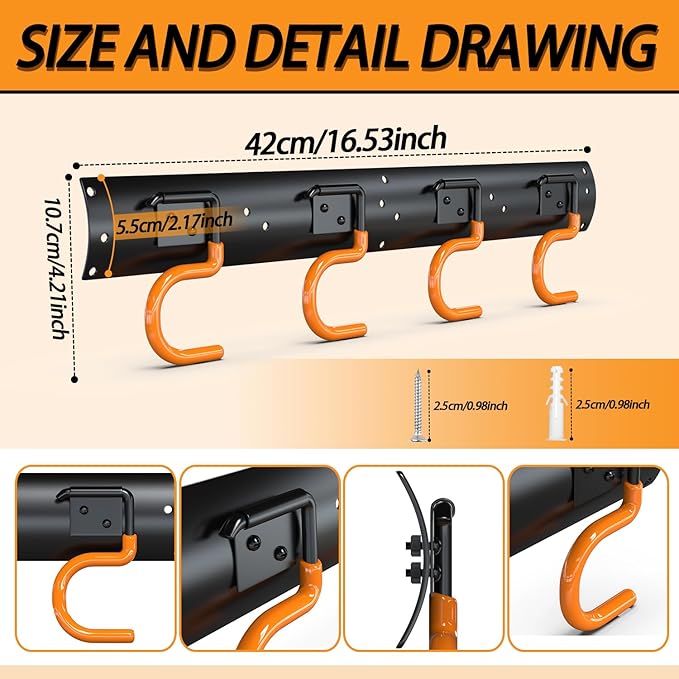 3-H 6×16" All Metal Garden Tool Organizer, Garage Tool Organizer, Broom Holder Wall Mount for Garage, Shed, Garden, Basement Hanging and Organizing Rake, Mop, Shovel, Hose