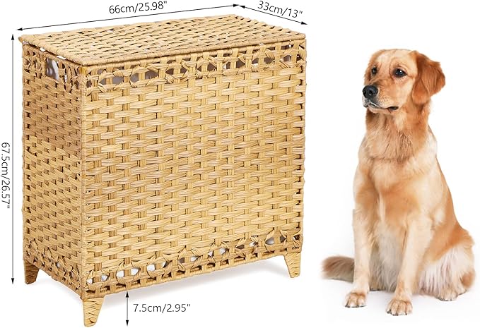 Laundry Hamper with 3 Removable Liner Bags; 132L Handwoven Rattan Laundry Basket with Lid & Heightened Feet; Clothes Hamper with Side Handles; Laundry Sorter with 3 Separate Sections (Natural)