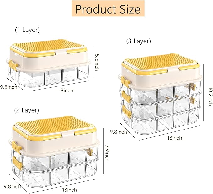 Toy Storage Organizer Box with Handle, Stackable Building Block Toy Box with Building Plate Lid & Removable Sorting Trays, Cubby Bins and Containers 3 Layer (Lemon)