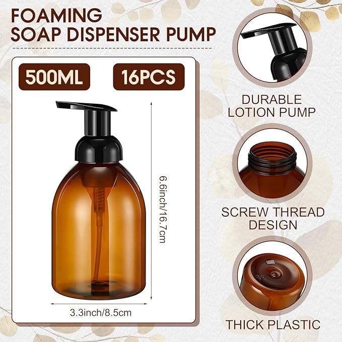 Uiifan 16 Pcs 17 oz Amber Foaming Soap Dispenser Refillable Foam Pump Bottle Liquid Plastic Container for Kitchen Bathroom Commercial Concentrated or Regular Shampoo Body Wash Dish Liquid Soap