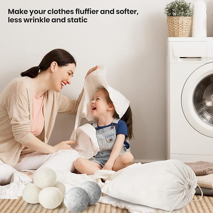 Roowest 32 Pieces Wool Dryer Balls Set 30 Reusable Wool Balls with 2 Muslin Bags Wool Laundry Balls Fabric Softener Ball Anti Wrinkle Anti Static Saving Energy and Time