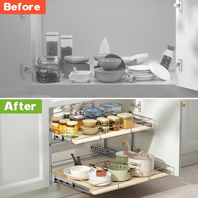 ROOMTEC 2 Tier Individual Pull Out Cabinet Organizer 25½"W x 21½"D, Slide Out Wood Shelves Organizers, Pull Out Drawers Organization and Storage for Kitchen Cabinet