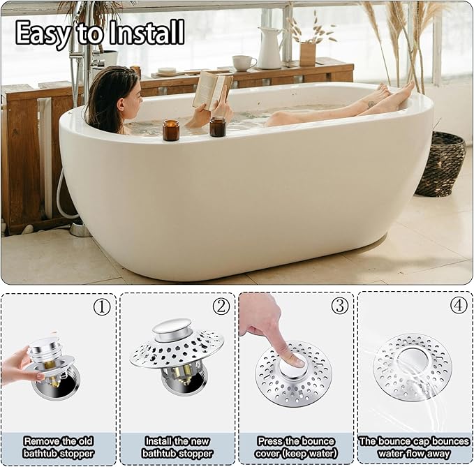 Tub Stopper Bathtub Drain Hair Catcher, 2 in 1 Bathtub Drain Stopper, Bathtub Stopper with Dual Filtration Design, Pop Up Bathtub Drain Plug for 1.4-1.9" Drain Hole