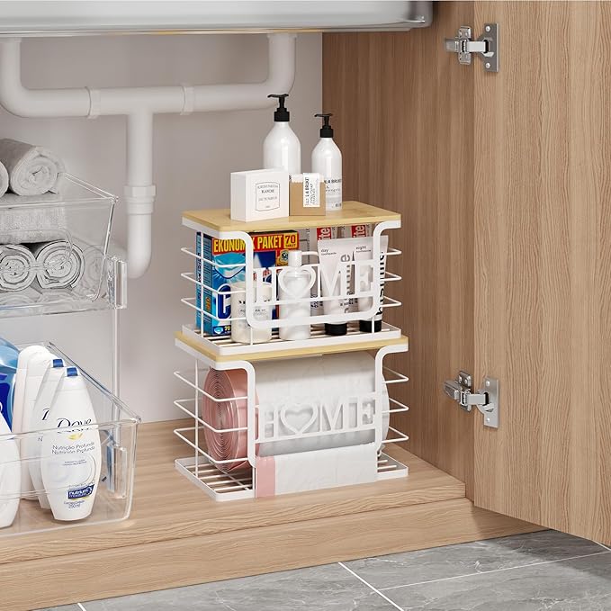 Trash Bag Holder, Thipoten Trash Bags Dispenser with Bamboo Top, Suitable for Garbage Bags Purchased Online or Supermarket, Perfect Storage Organizers for Cabinet, Under Sink (White, Extra Large)