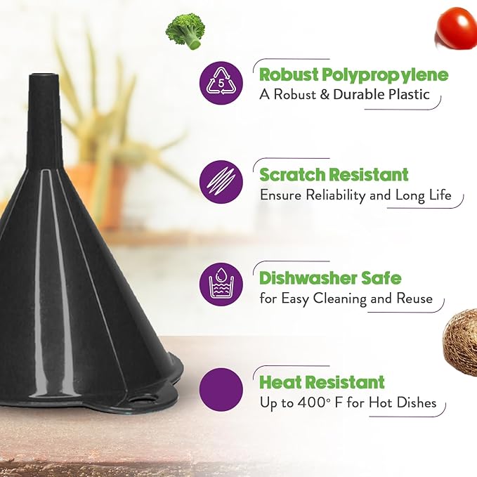 Crisp 2-Piece Funnel Set - All Purpose Funnels for Kitchen Use Filling Bottles - Durable & Dishwasher Safe Kitchen Funnel Set - Made in The USA - Black