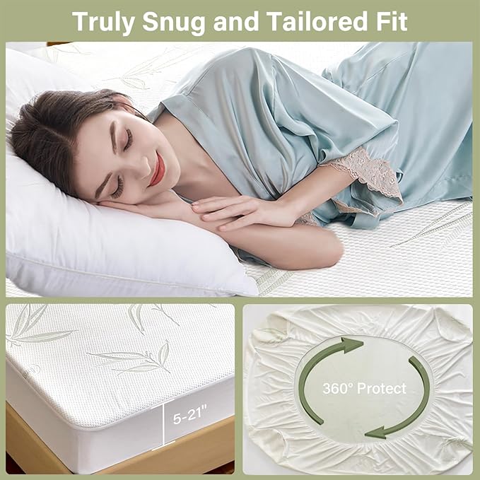 Queen Mattress Protector Waterproof Mattress Pad Washable Bamboo Rayon Mattress Cover Breathable Noiseless Bed Protector 5" - 21'' Elastic Fitted Deep Pocket