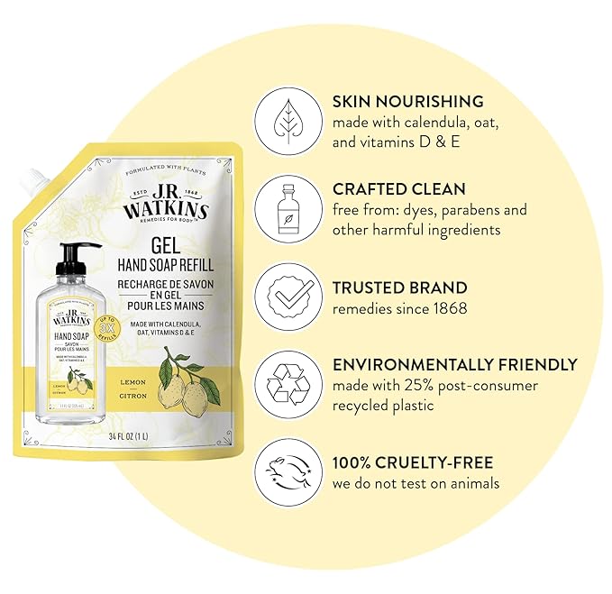 J.R. Watkins Gel Hand Soap Refill Pouch, Scented Liquid Hand Wash for Bathroom or Kitchen, USA Made and Cruelty Free, 34 fl oz, Lemon, 6 Pack